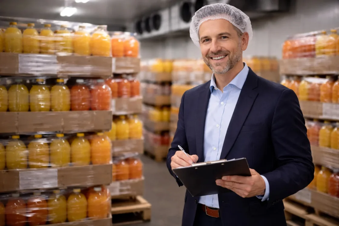 Professional beverage storage management in a clean warehouse with vibrant juice products.