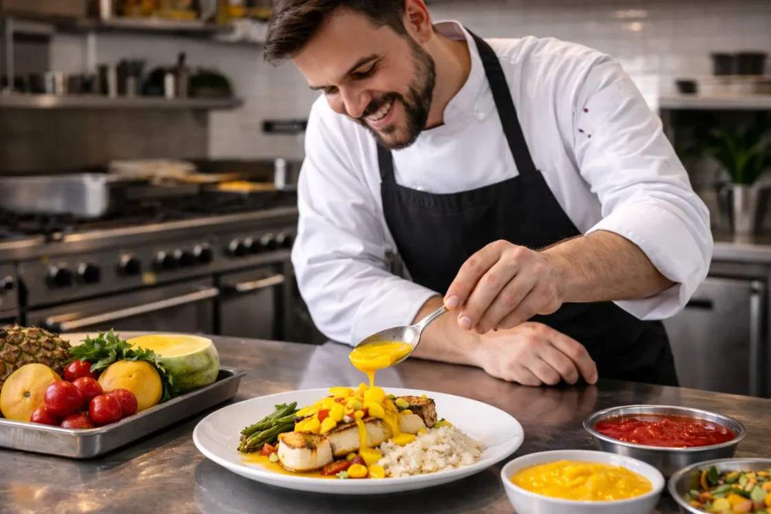 Chef garnishing a beautifully plated grilled fish dish in a vibrant kitchen.