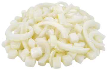 Diced and sliced white onions for commercial foodservice, wholesale food distribution and food manufacturing applications.