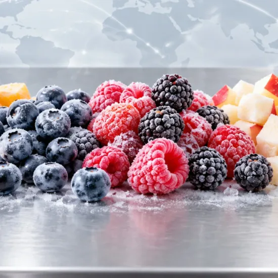 Assorted fresh berries including blueberries, raspberries, and blackberries with frost, ideal for food service and wholesale suppliers.