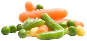 Assorted fresh vegetables including carrots, green peas, snap peas, and corn kernels for commercial food suppliers and distributors.