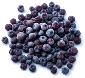 Bulk frozen blueberries with frost coating, ideal for wholesale food suppliers, distributors, and commercial food manufacturers.