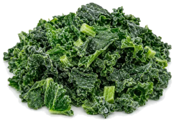 Frozen chopped kale pieces with frost crystals, ideal for commercial food suppliers and foodservice distribution networks.