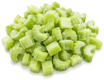 Frozen diced celery pieces with frost coating, ideal for food manufacturers, distributors, and commercial food service operations.