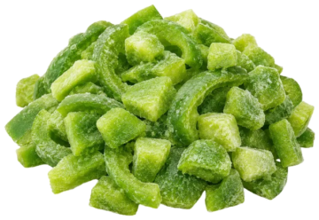 Frozen diced green bell peppers with frost coating, ideal for food service, wholesale distribution, and food manufacturing applications.