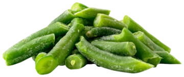 Fresh frozen green beans with ice crystals, ideal for food service suppliers and wholesale food distributors in commercial kitchens.