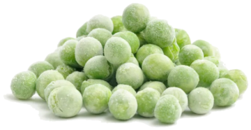 Bulk frozen green peas with frost coating, ideal for food suppliers, distributors, and commercial food processing operations.