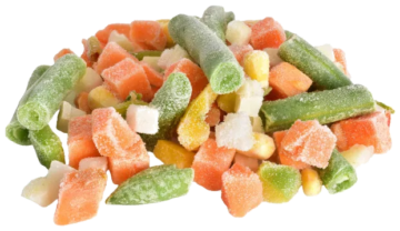 Colorful frozen mixed vegetables including green beans, carrots, corn, and peas with crystallized coating for foodservice distribution.