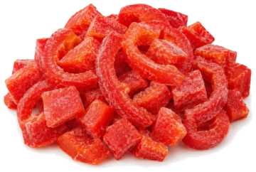 Assorted red sour gummy candies including belts and cubes coated in sugar, ideal for wholesale food distribution and bulk candy suppliers.