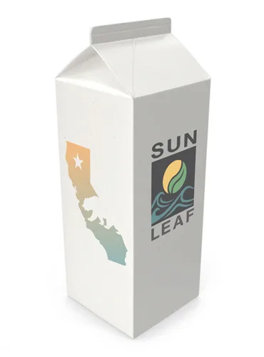Modern milk carton design featuring California silhouette and eco-friendly branding for Sun Leaf.