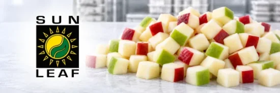 Colorful diced mixed fruit including red apples, green apples, and cream-colored chunks with Sun Leaf logo, ideal for wholesale food distribution.